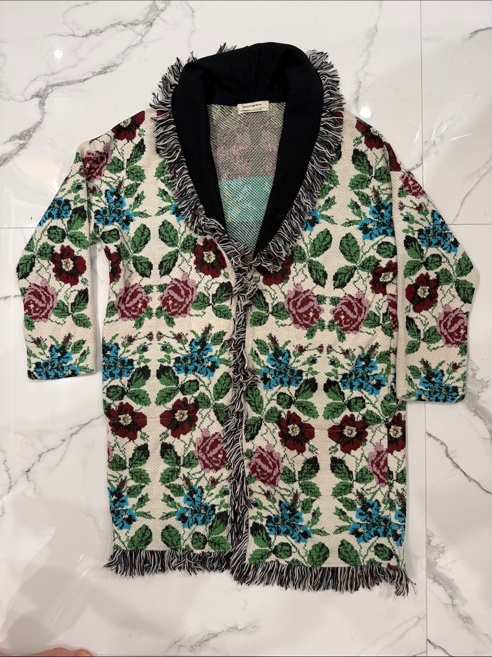 Anthropologie Aldomartins Floral Intarsia Fringe Sweater Coat Cardigan XS
